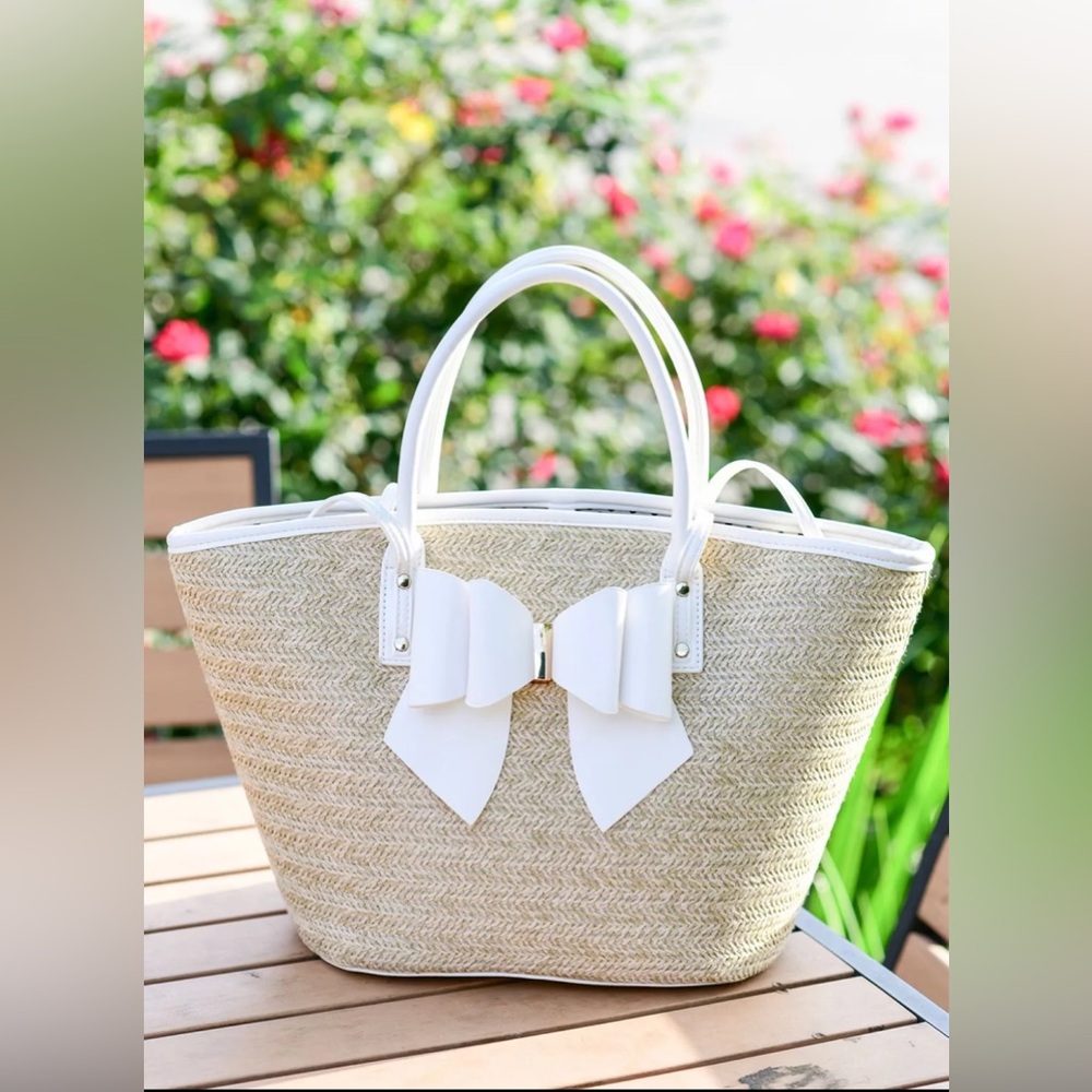 White-Trim Straw Tote Bag with Bow Accent like dreams